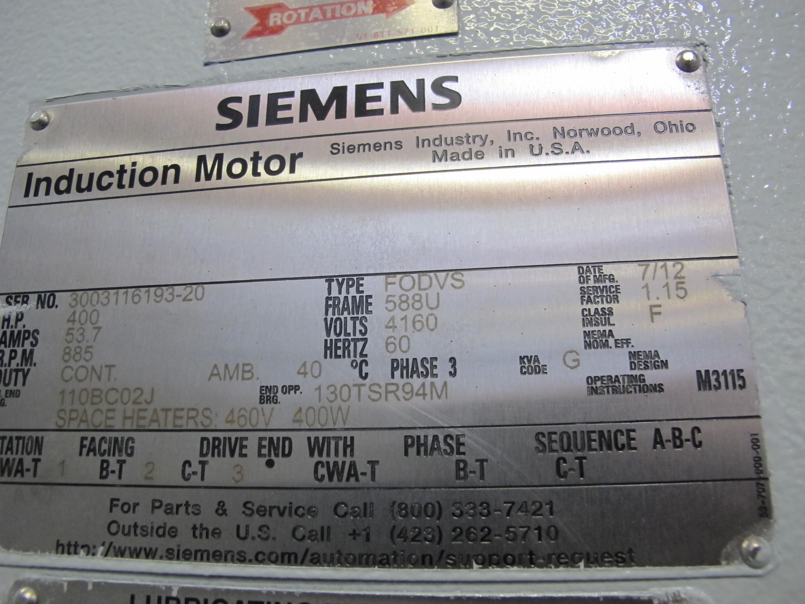 MOTOR, ELECTRIC TYPE, 400 HORSEPOWER, 4.16KV 3 PHASE, 900 RPM, 588 FRAME, 0.4KW, 480VAC SPACE HEATER. SO23-405-03C WILL INCLUDE: STATOR RTD'S, 100 OHM PLATINUM, W/LARGE AUX CONDUIT BOX WHICH WILL HOUSE STATOR RTD'S, BEARING THERMOCOUPLES, AND HEATER TERMINATIONS. TO BE SEISMICALLY QUALIFIED. PART # 8-5117-90227-4 (W-50) LOADING & HANDLING FEE $500-